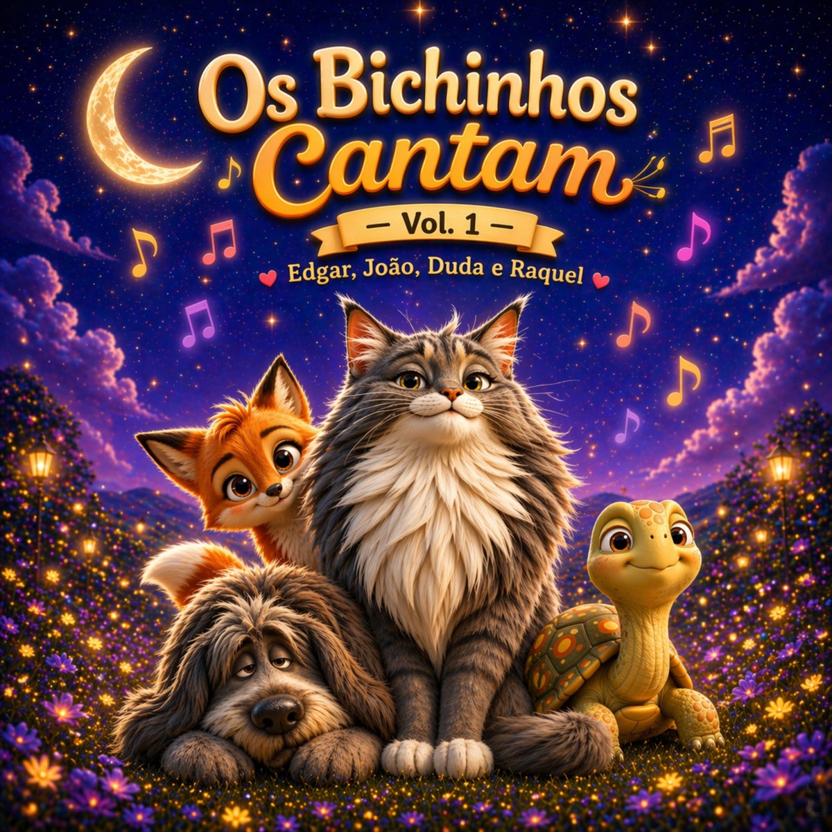 Capa de Os Bichinhos Cantam Vol. 1 com os quatro personagens em cenário noturno mágico.